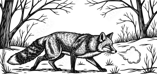 Black and white fox walking in winter forest wild animal, cold season, nature and wildlife illustration
