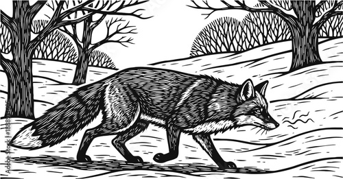 Black fox walking in winter forest hand drawn woodland animal in snowy landscape nature wildlife sketch