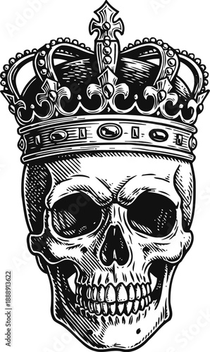 Skull wearing an intricate royal crown gothic tattoo design with detailed shading and bold lines