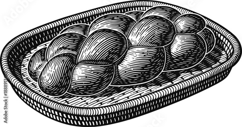 Braided challah bread loaf on a woven tray traditional jewish festive bread illustration in vintage