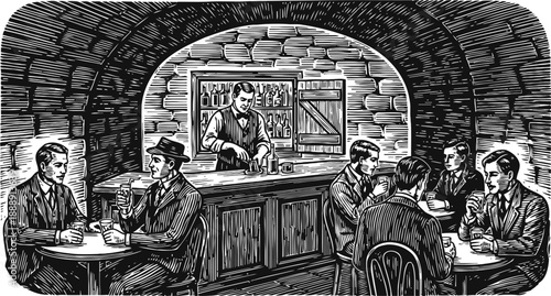 Vintage bar scene with men drinking and socializing in a classic tavern interior