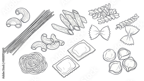 Collection of Various Italian Pasta Shapes Hand Drawn Sketch.