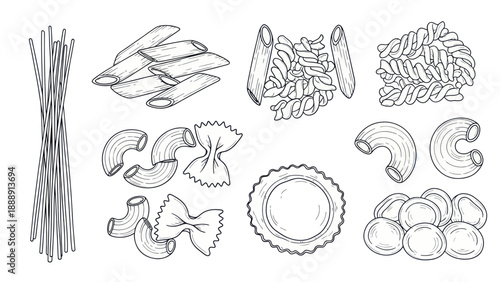 Collection of Various Italian Pasta Shapes Hand Drawn Sketch.