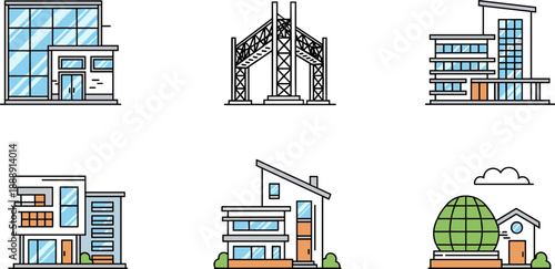 Modern Architecture and Infrastructure Vector Icon Set: Flat Design Office Buildings and Bridge