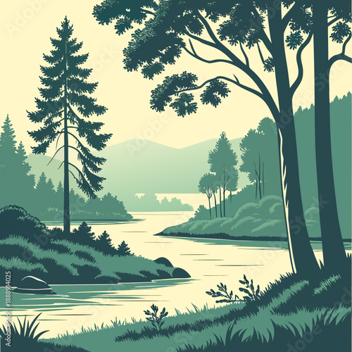 Abstract flat vector art showing a river encircling a forested island, offering a stylized and peaceful interpretation of the natural environment.
