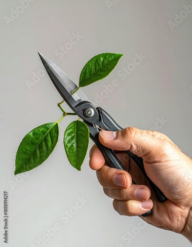 Close up of Gardener's Hand Holding Black Pruning Shears Cutting a Green Leafy Branch Against a Light Gray Studio Background