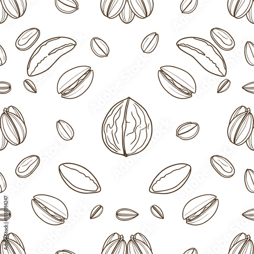 Professional seamless vector pattern of walnuts and seeds for organic food packaging and healthy snack branding.
