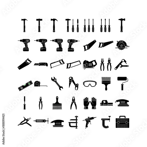A comprehensive collection of black silhouette icons representing various hand and power tools for construction, repair, and DIY projects.