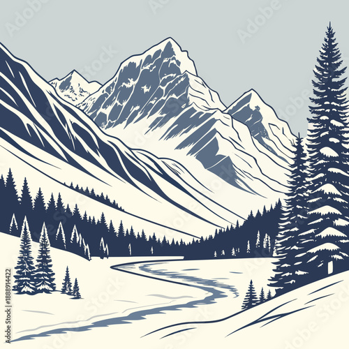 Serene snow mountain basin landscape in minimalist vector art, clean design with geometric forms and winter ambiance.