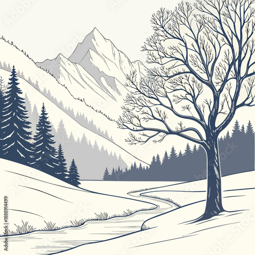 Minimalist vector illustration of a snow-capped mountain basin landscape, clean geometric shapes and serene atmosphere.