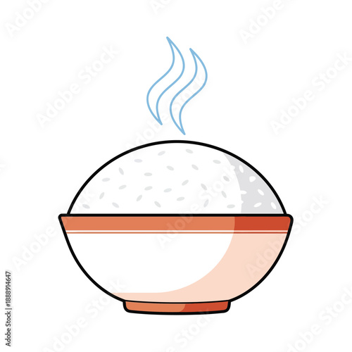 Hot Cooked White Rice Bowl Vector Illustration with Steam, Asian Food Staple Icon Graphic