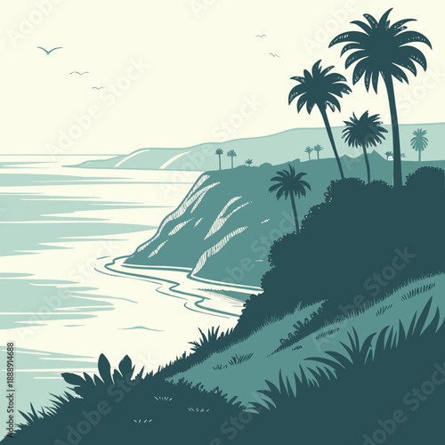 Clean vector art of a tropical bay and cliffs, minimalist design capturing the essence of a serene coastal landscape.