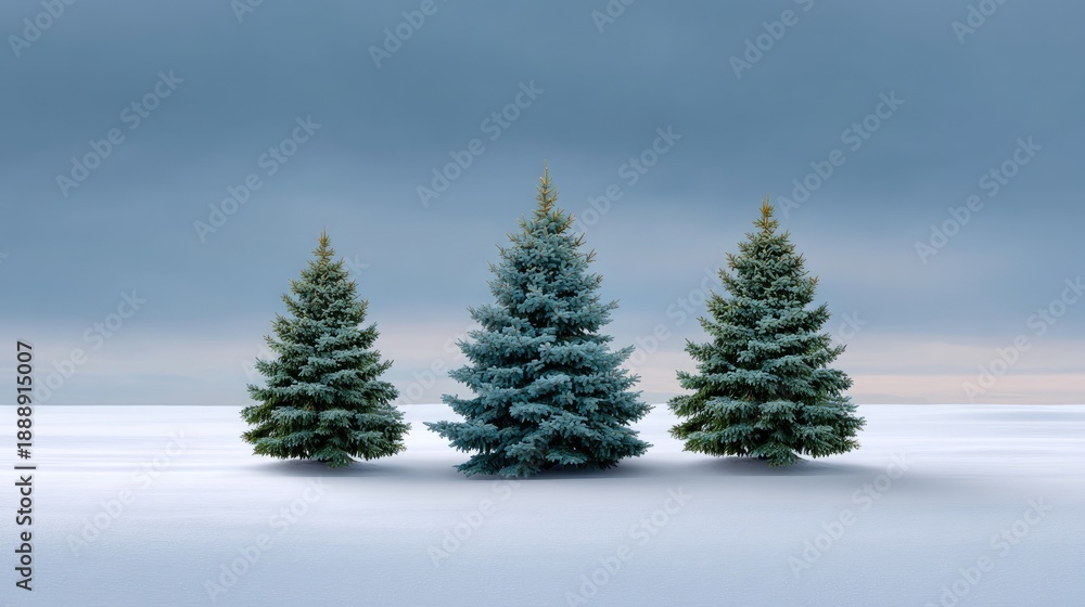 Obraz premium Three Evergreen Trees Standing in a Snow-Covered Landscape Under a Cloudy Sky, Creating a Serene Winter Scene with Natural Beauty