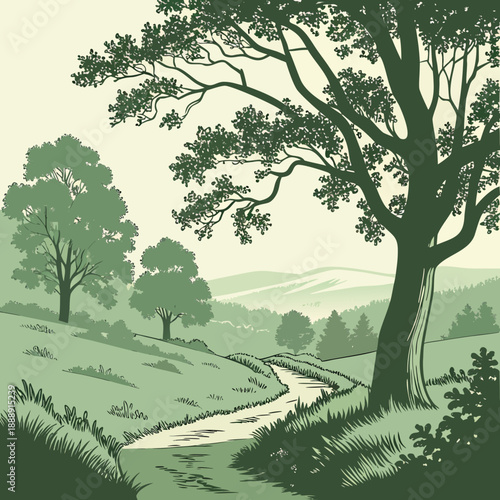 Modern vector illustration of a tranquil valley forest clearing bathed in soft light, serene natural landscape.