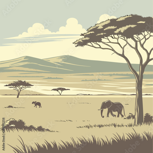 Clean and minimalist vector graphic of a wide open steppe landscape stretching to the horizon under a vast sky.