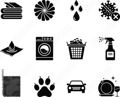 Professional vector icons for laundry household sanitation hygiene services and laundry detergent product branding.