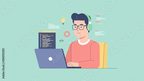 Young man working on laptop coding software development project.