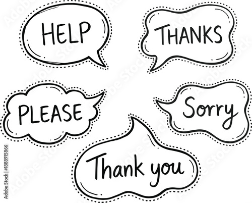 Speech bubble illustration with polite expressions like help, thanks, and please — cartoon-style communication and manners concept isolated on white background.