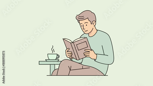 Young man sitting and reading a book with a cup of coffee nearby in a relaxed setting.