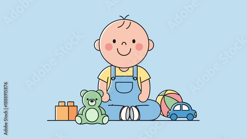 Cute baby boy sitting on the floor with toys including teddy bear and toy car.