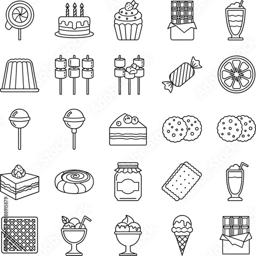 Professional vector icons for sweets desserts confectionery bakery products and candy shop retail branding.