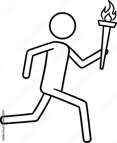 Stick figure running with torch flame — minimalist line drawing symbolizing Olympic relay, sports spirit, and ceremonial tradition, isolated on white background.