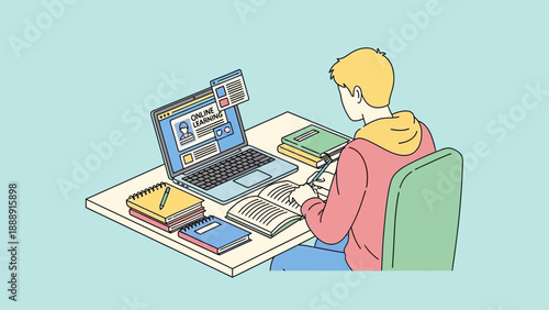 Young person working on laptop with books and smartphone at desk.