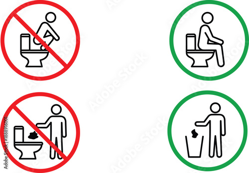 Bathroom behavior icon set — instructional illustrations showing proper and improper toilet etiquette with red and green symbols, isolated on white background.