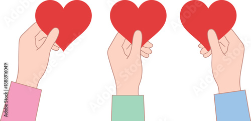 Cartoon hands holding red hearts with colorful sleeves — love, care, and unity concept illustration isolated on white background.