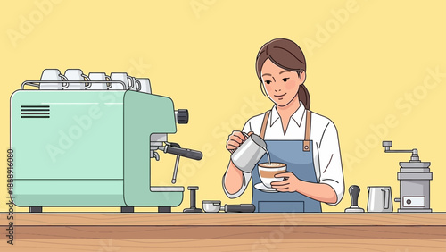 Barista preparing coffee with professional espresso machine in cafe.