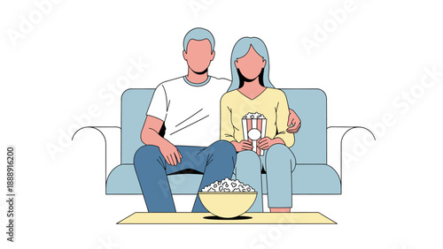 Couple sitting together on sofa watching television with popcorn.