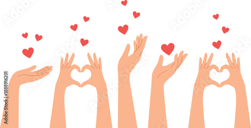 Illustration of raised hands forming heart shapes and releasing red hearts — symbolic concept of love, care, and generosity, isolated on white background.