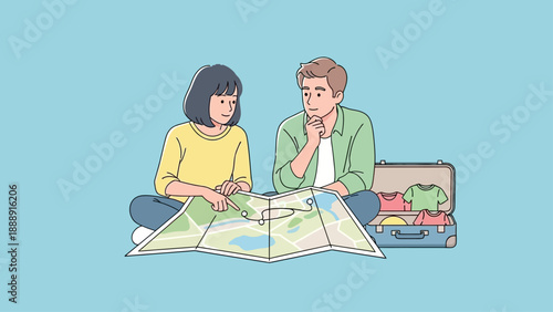 Young couple planning a trip with a map and suitcase on the floor.