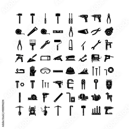 A comprehensive collection of various hand and power tool silhouettes for construction, repair, and DIY projects.