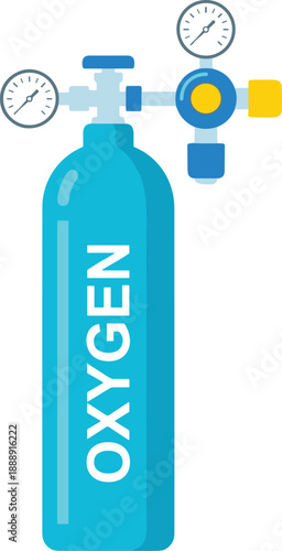 Medical oxygen cylinder with dual pressure gauges and regulator valve for hospital, emergency, industrial, or scientific use — isolated on white background.