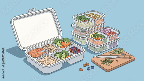 Healthy meal prep containers with balanced portions of vegetables and protein.