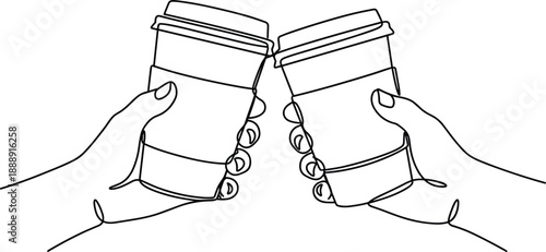 Minimalist line drawing of two hands clinking coffee cups — symbolic illustration of social connection, celebration, and shared moment, isolated on white background.
