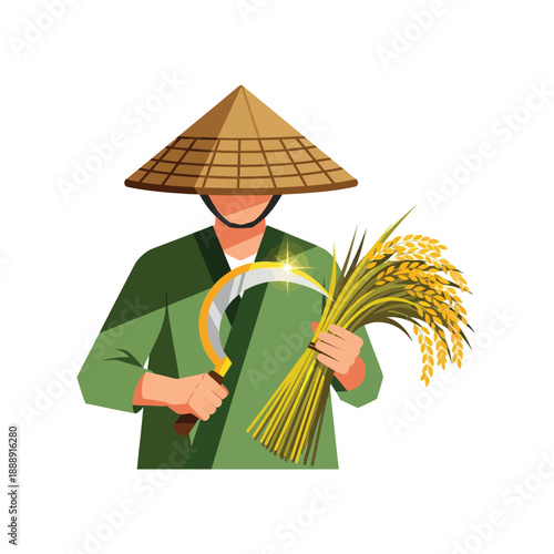 Traditional Asian Farmer in Conical Hat Holding Rice Sheaf and Sickle. Agriculture and Harvest Vector Icon.
