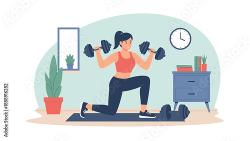 Woman exercising at home lifting dumbbells in living room.