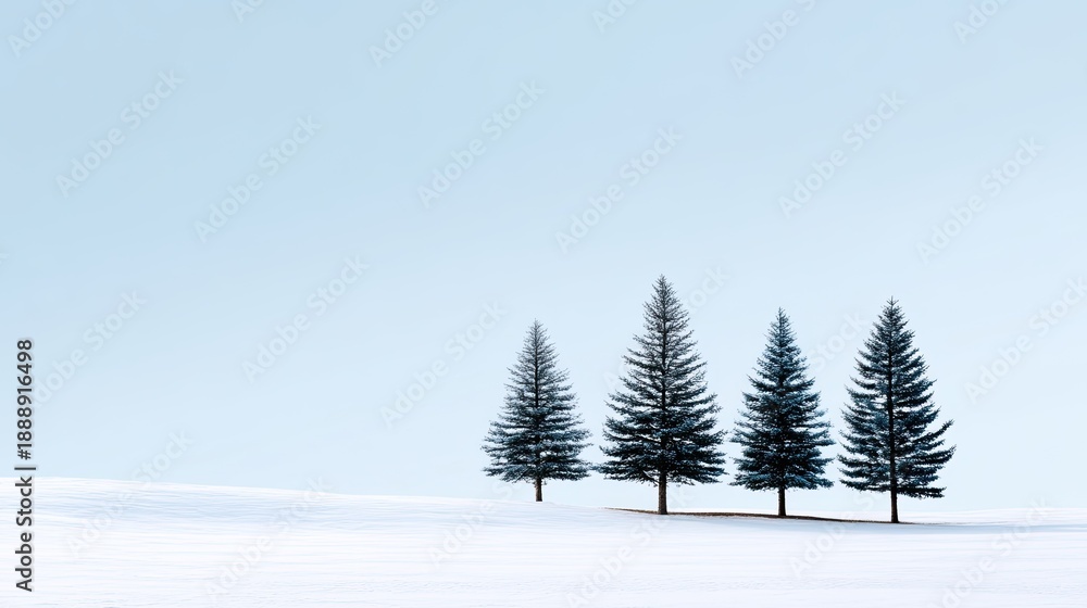 Obraz premium Serene Winter Landscape with Four Pine Trees Standing in Snow Under Clear Blue Sky, Evoking Tranquility and Peaceful Natural Beauty in Nature