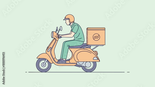 Delivery person riding a scooter with a large box on the back.