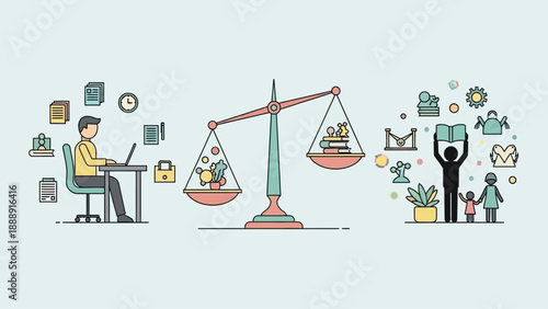 Conceptual illustration of work-life balance with scales and icons.