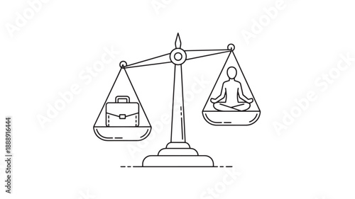 A minimalist line drawing depicts a balance scale contrasting a briefcase with a meditating human figure