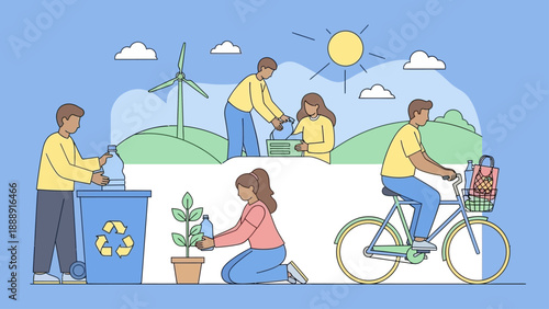 People engaging in eco-friendly activities with plants, recycling, and cycling outdoors.