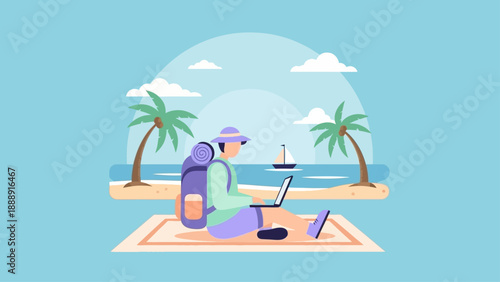 Young woman working remotely on laptop at tropical beach with palm trees and ocean view.