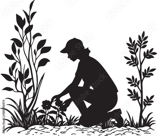 Woman Gardening Silhouette Illustration Black and White Graphic Design Element