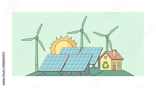 Sustainable energy sources including solar panels wind turbines and eco-friendly house.