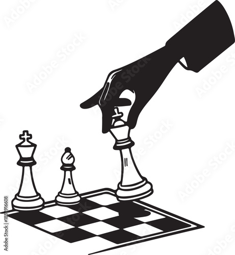 Hand moving the King chess piece on a chessboard, strategy game illustration