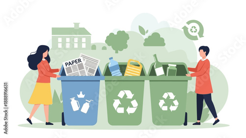 People sorting recyclable waste into separate bins for paper, plastic, and glass.