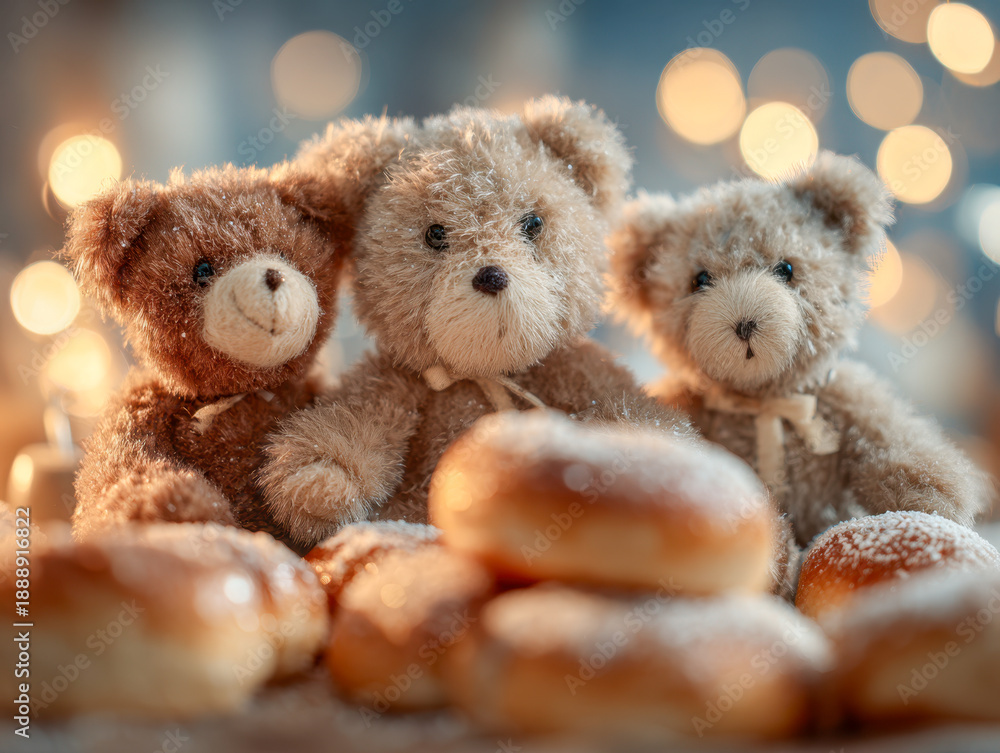 Fototapeta premium Three plush teddy bears surrounded by a variety of sweet powdered sugar doughnuts with warm festive lights softly glowing in the background creating a cozy atmospher